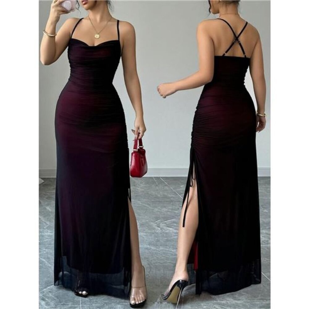 Ruched Sweetheart Neck Slit Maxi Dress